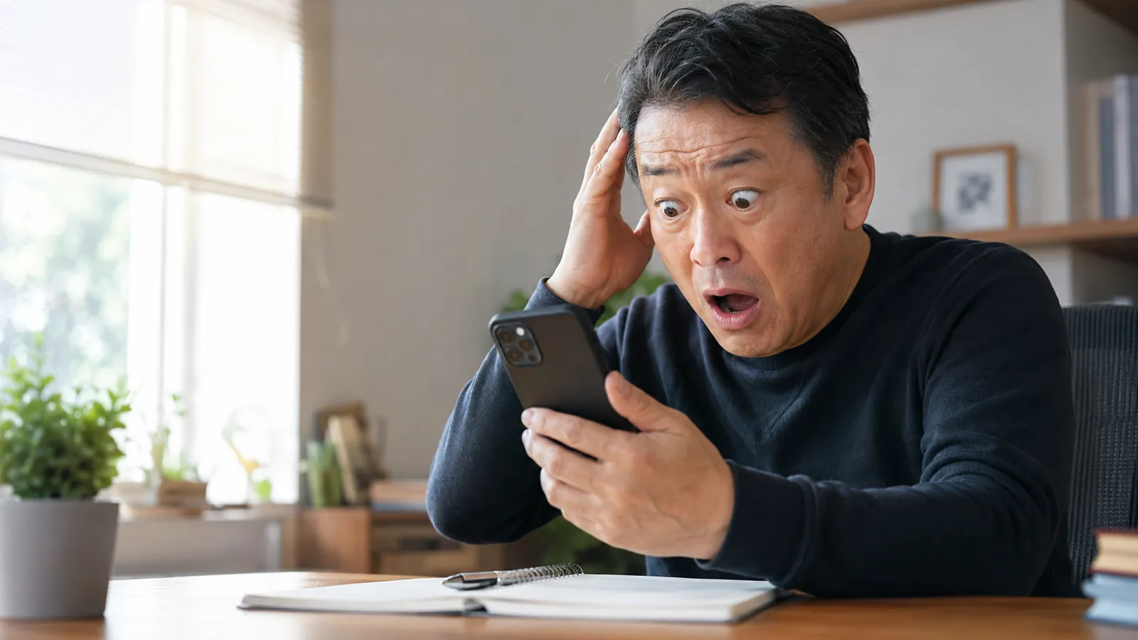 スマートフォンの画面を見て、AIの回答がデタラメだったと気づき目を見開く男性