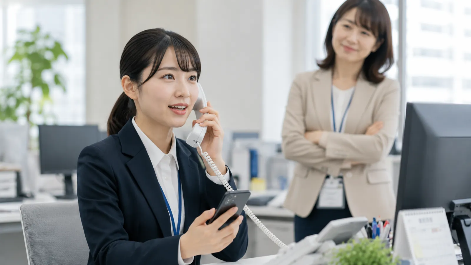 スマートフォンで取引先の情報を確認しながら、電話口で自信を持って話す新入社員