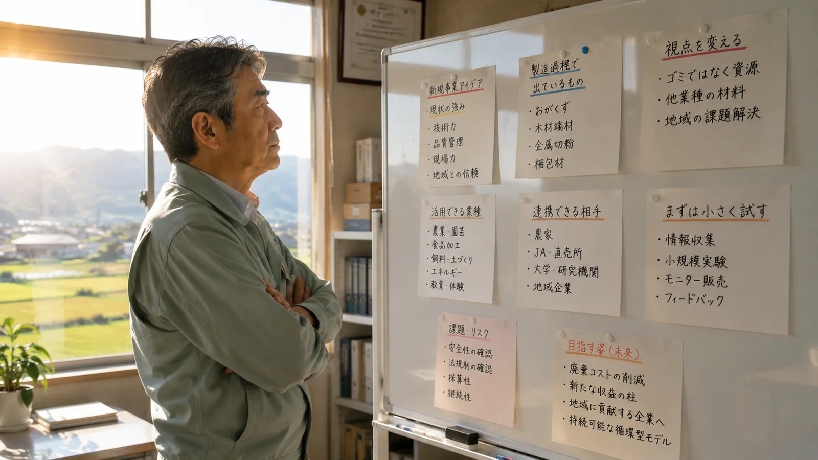 ホワイトボードに貼り出したアイデアメモを眺めながら考え込む経営者