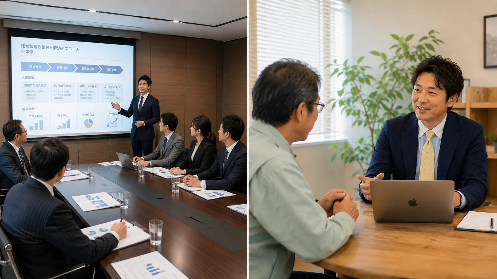 大手コンサル会社のチームによるプレゼンと、個人事業主が中小企業の社長と1対1で話し合う場面の対比
