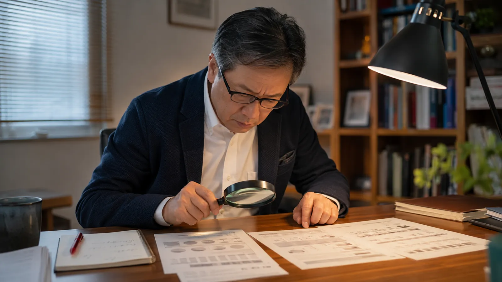 机に広げた見積書と契約書を、虫眼鏡で一行ずつ丁寧に確認する経営者