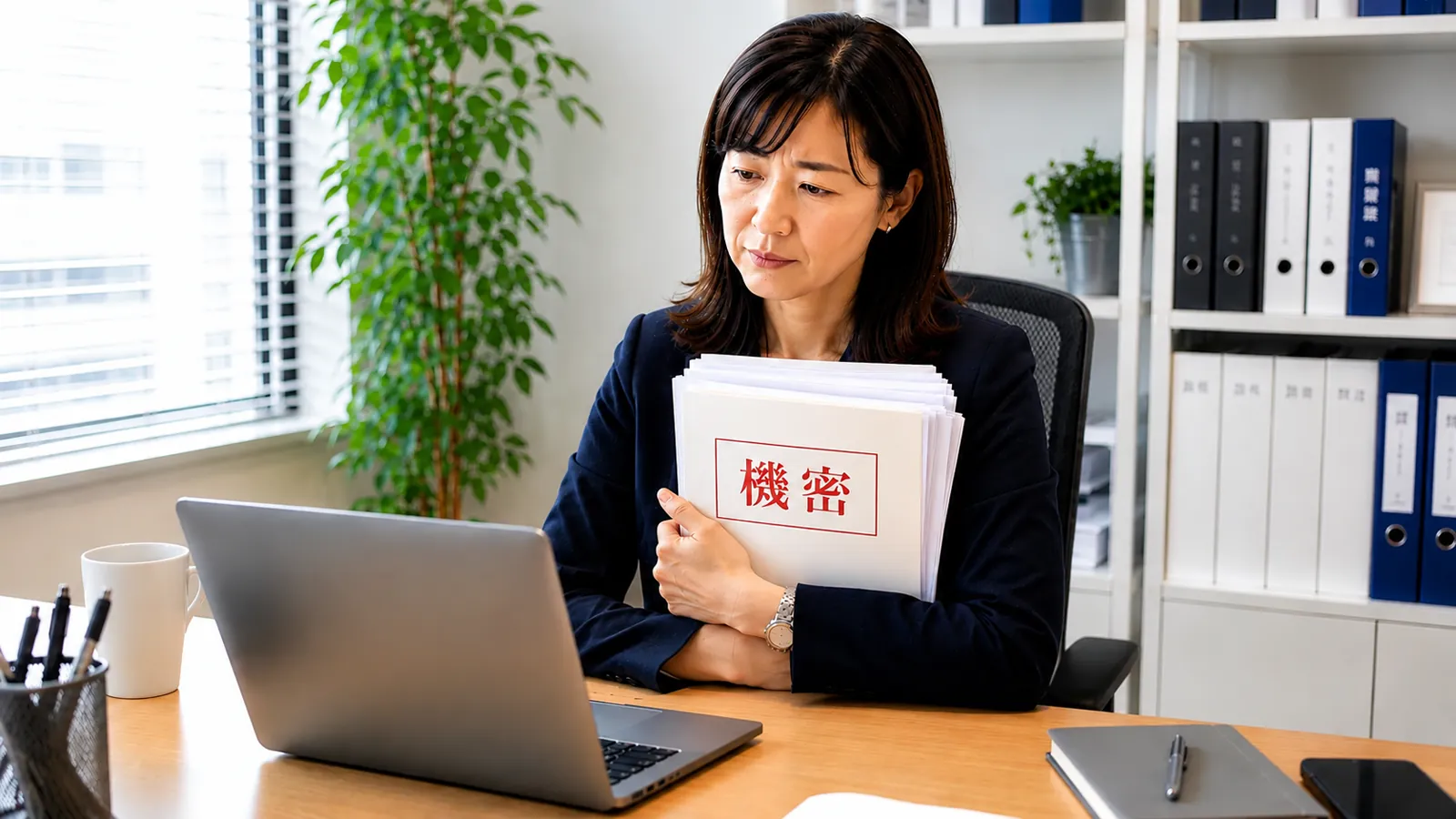書類の束を抱えたまま、パソコンに入力してよいものかと考え込む管理職の女性