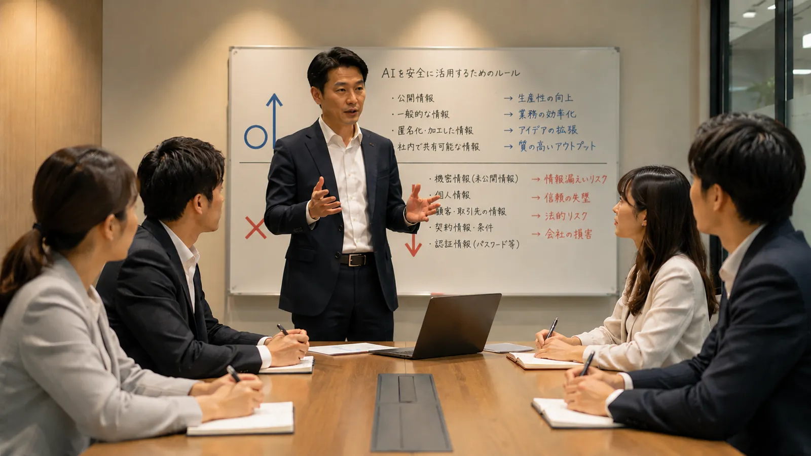 会議室で社員たちを前に、AI利用のルールを説明する管理職