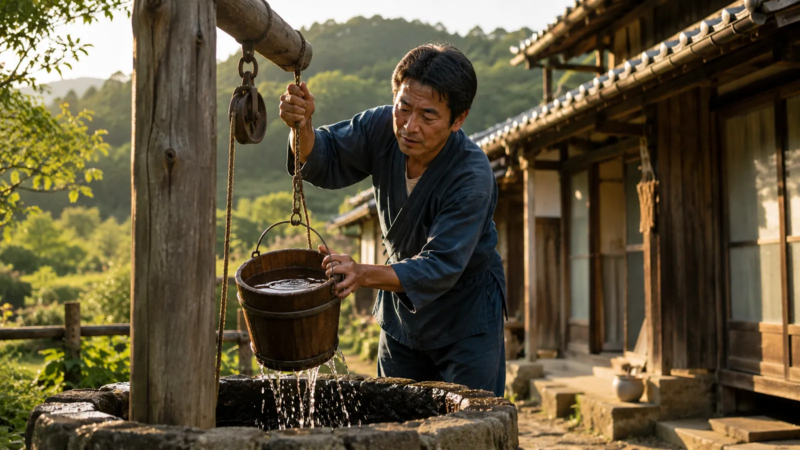 昔ながらの日本の田舎の井戸端で、日本人の中年男性が手桶を使って井戸から水を汲んでいる場面
