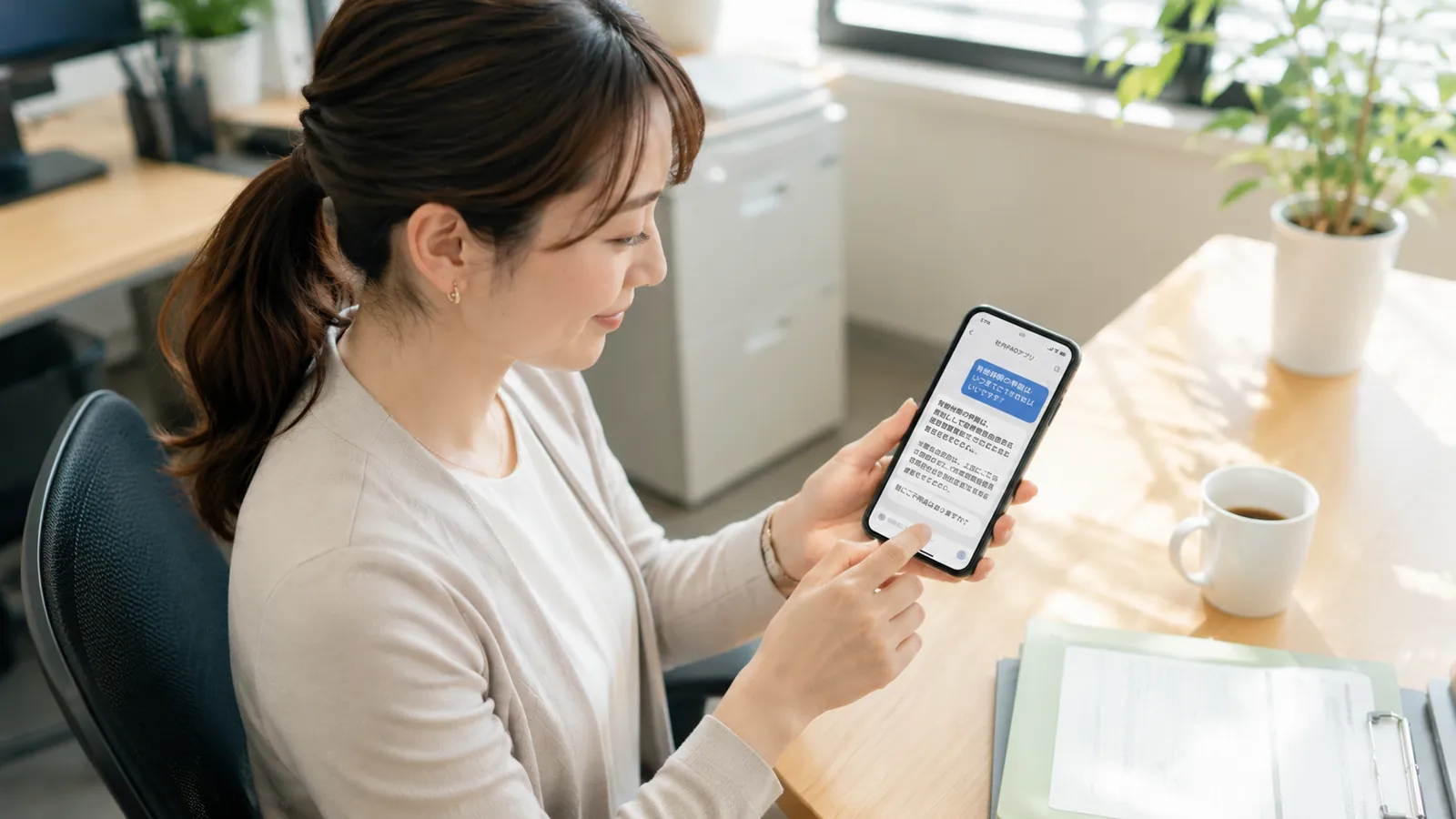 明るいオフィスで、日本人の30代女性社員がスマホを見て質問したところ欲しかった回答が返ってきている場面