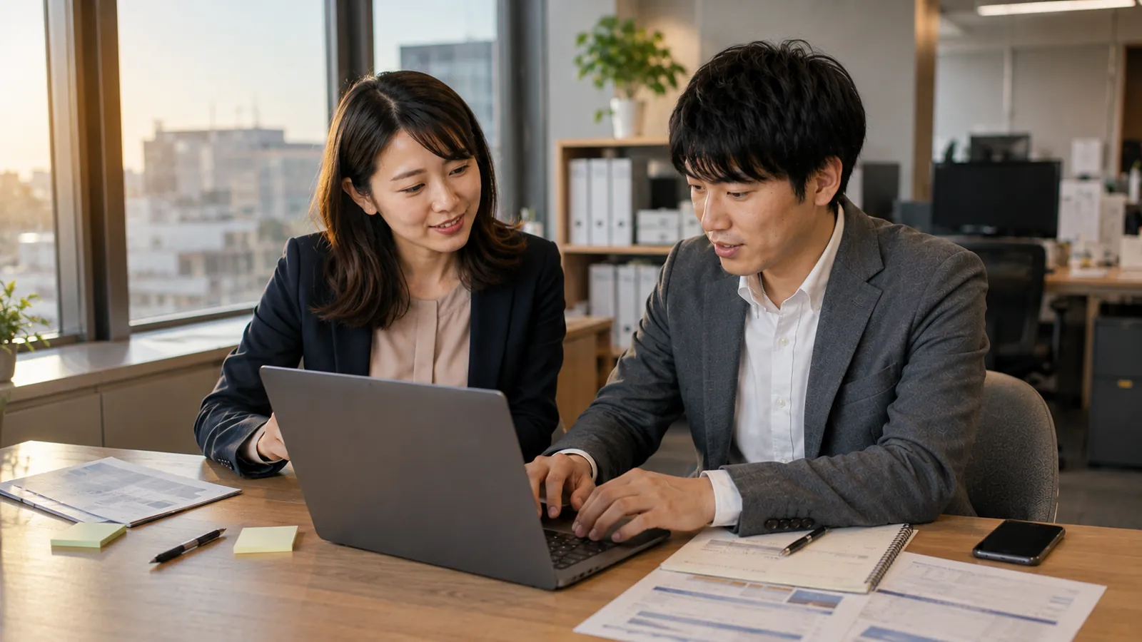 上司が新人の日報を確認し、成長支援のために穏やかに振り返りをしている場面