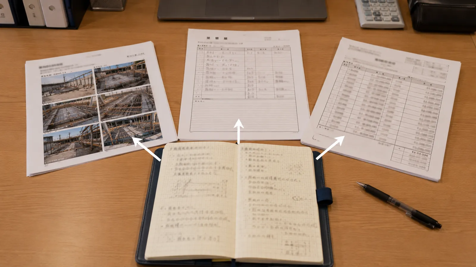 1冊の工事情報ノートから工事写真台帳・作業日報・見積書へ情報が展開されるイメージ