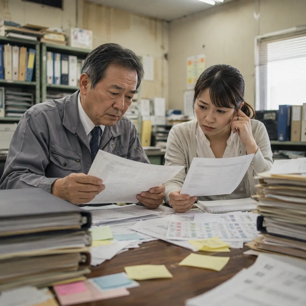 尾道市・福山市の中小企業で紙資料とパソコンを使って業務を整理する様子