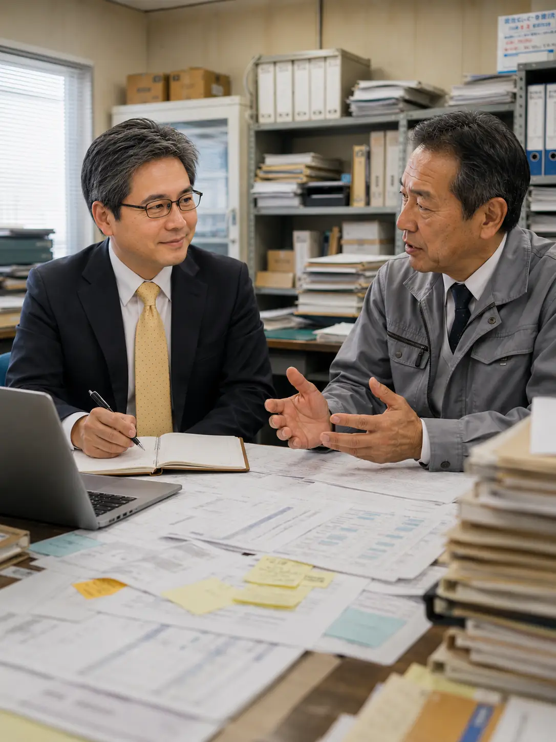 尾道市・福山市の会社でAI導入前に資料とパソコンを見ながら業務を整理する経営者
