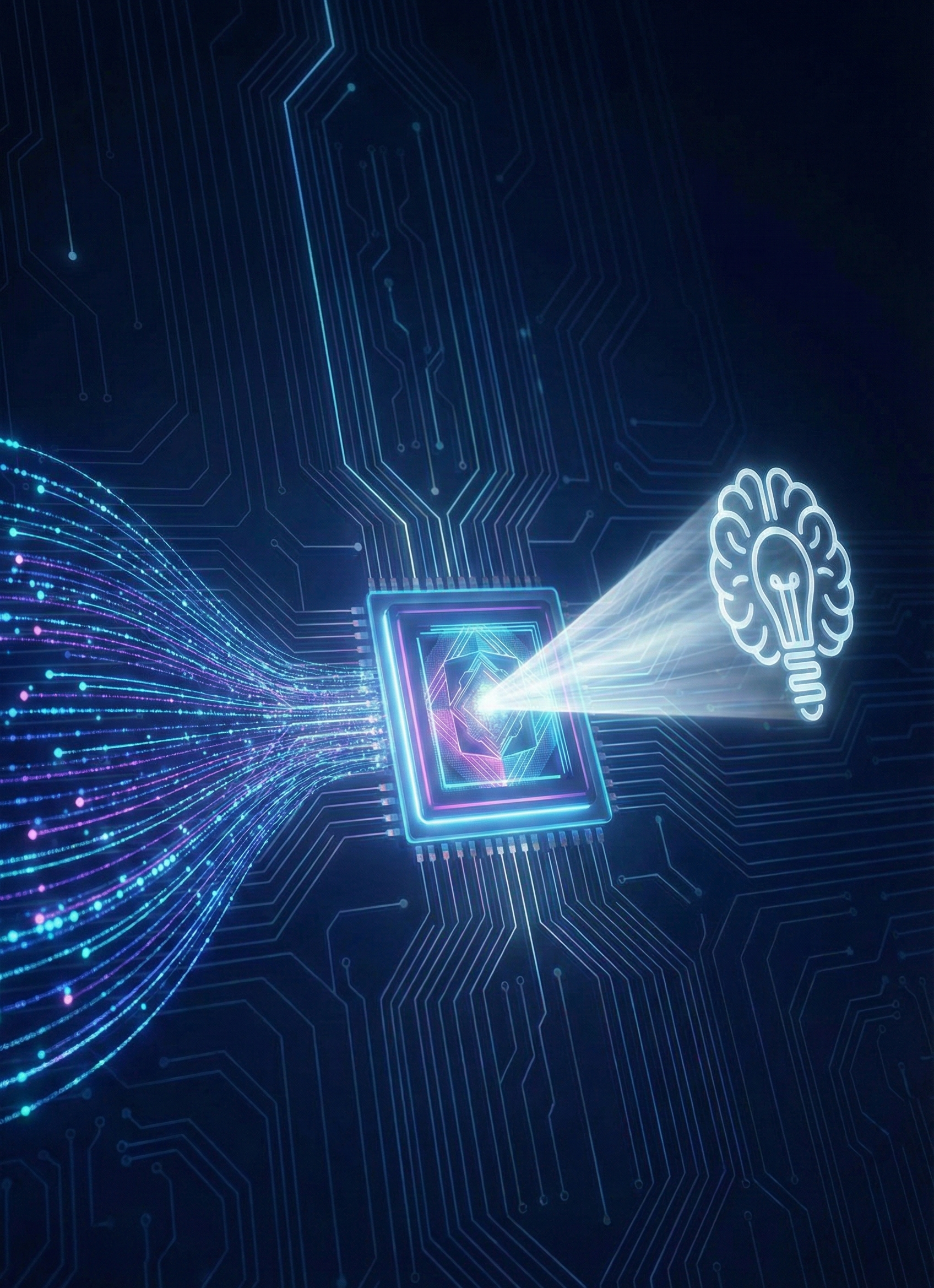 未来的な思考と分析をイメージした縦長のデジタルイラスト